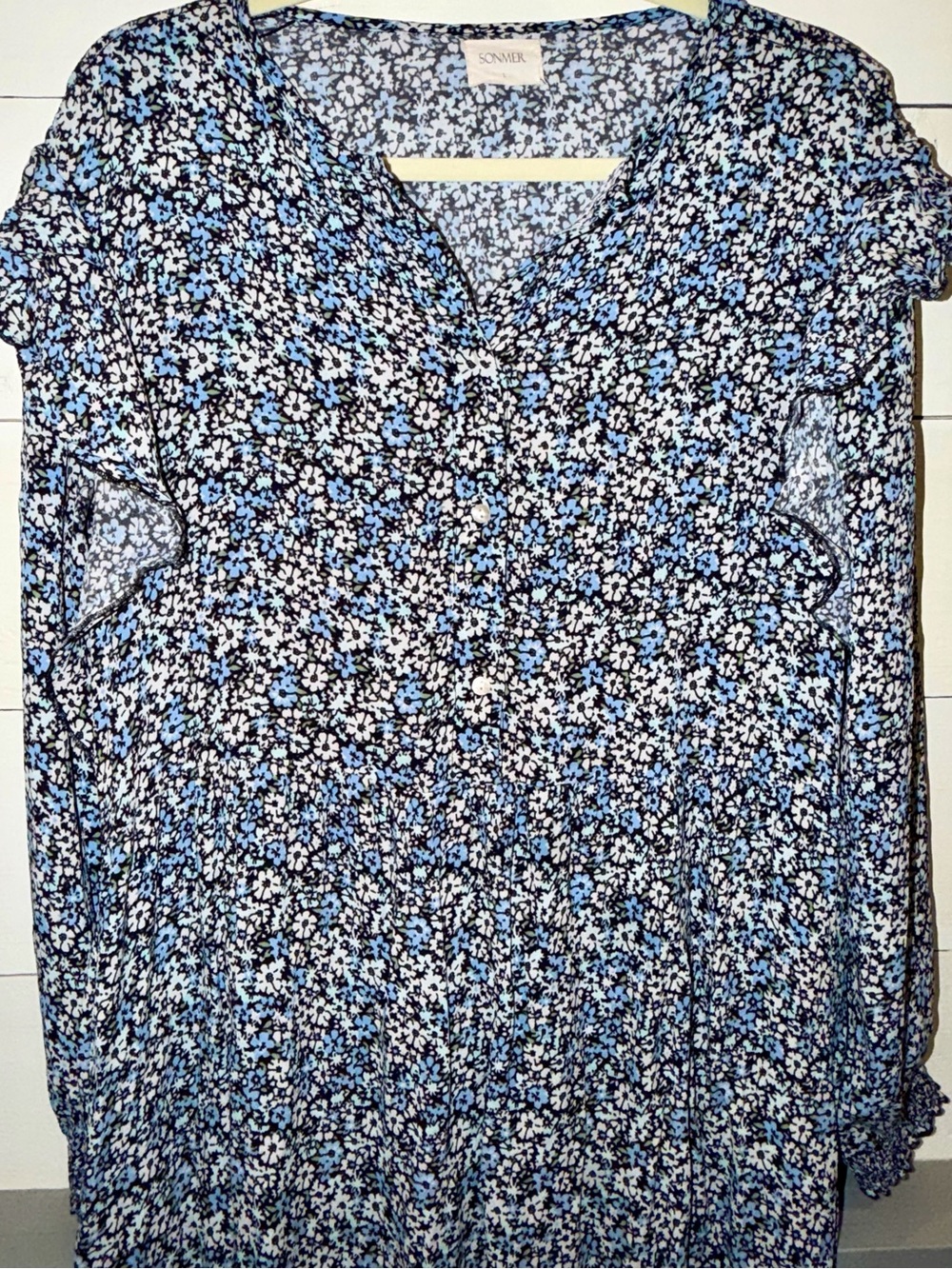 SONMER Large Blue Ditsy Floral Ruffle Long Sleeve Maxi Dress